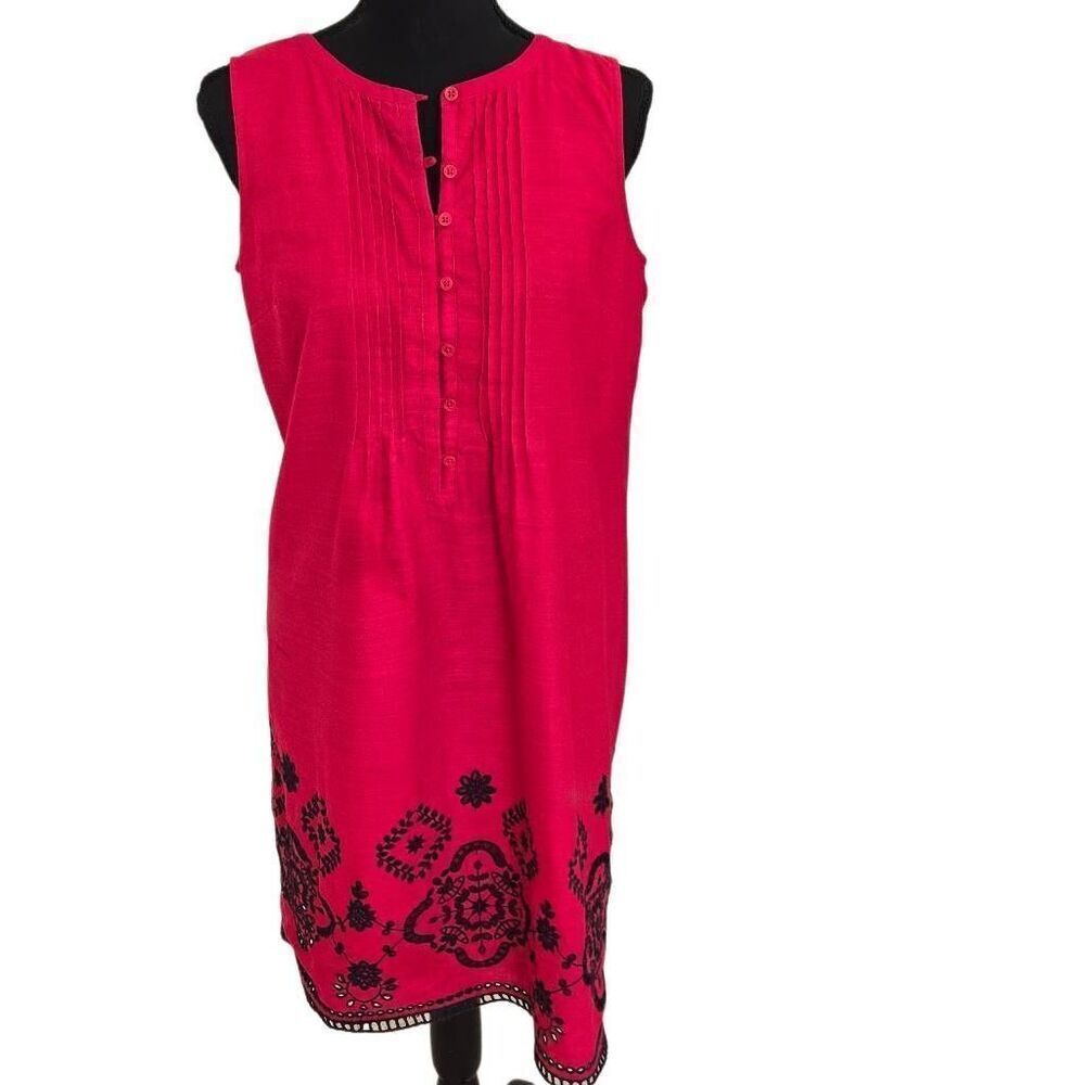 Talbots Womens Embroidered Sleeveless Pintuck Linen Blend Shift Dress Red Size 4